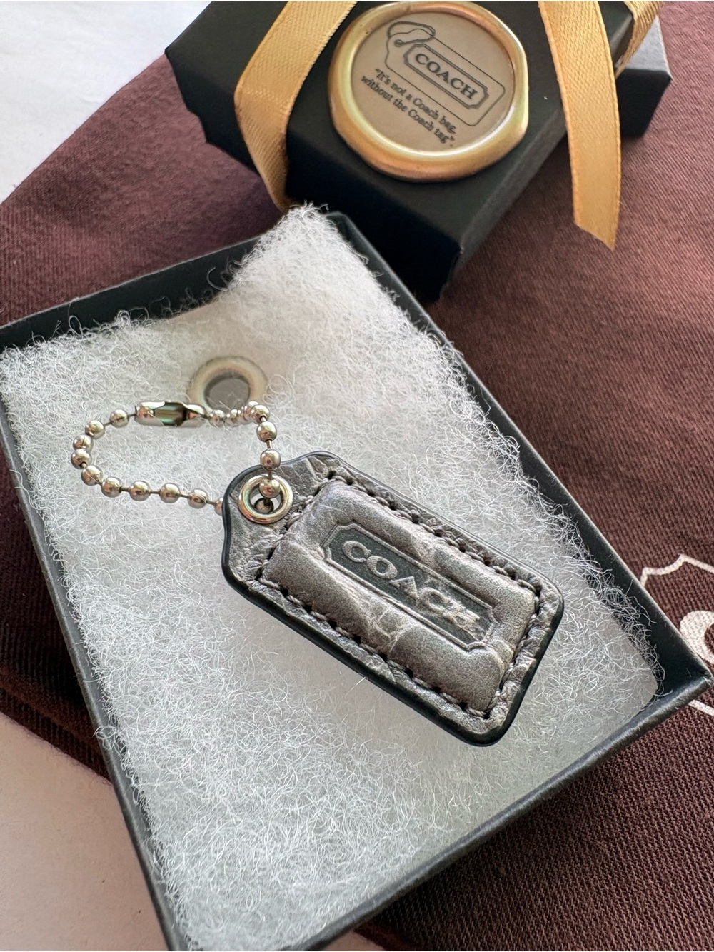 Y2K Coach Exotic Embossed Leather Vintage Hang Tag Bag Charm Hangtag Grey 1.5”